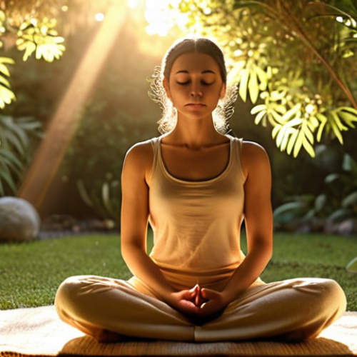 Home 16 **A person meditating, bathed in soft, golden light, symbolizing inner peace and intuition. Perhaps in a serene garden setting.** (Focus: Inner peace, intuition, meditation)