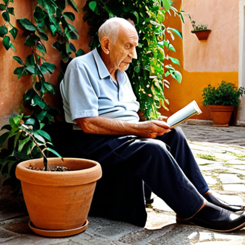 Home 15 **
A serene, sunlit Italian courtyard. An elderly nonno with a kind face is sitting on a stone bench, listening attentively to his granddaughter who is kneeling beside him. She's holding a small notebook and pen, seemingly asking for advice. Climbing vines adorn the walls, and a lemon tree sits in a terracotta pot nearby. The overall feeling should be warm, wise, and filled with intergenerational connection. (Emphasis on: Italian courtyard, elderly man, granddaughter, listening, advice, wisdom, family, connection). Style: Realistic, painterly.
**