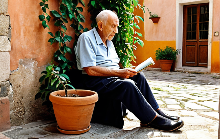 **

A serene, sunlit Italian courtyard. An elderly nonno with a kind face is sitting on a stone bench, listening attentively to his granddaughter who is kneeling beside him. She's holding a small notebook and pen, seemingly asking for advice. Climbing vines adorn the walls, and a lemon tree sits in a terracotta pot nearby. The overall feeling should be warm, wise, and filled with intergenerational connection. (Emphasis on: Italian courtyard, elderly man, granddaughter, listening, advice, wisdom, family, connection). Style: Realistic, painterly.

**