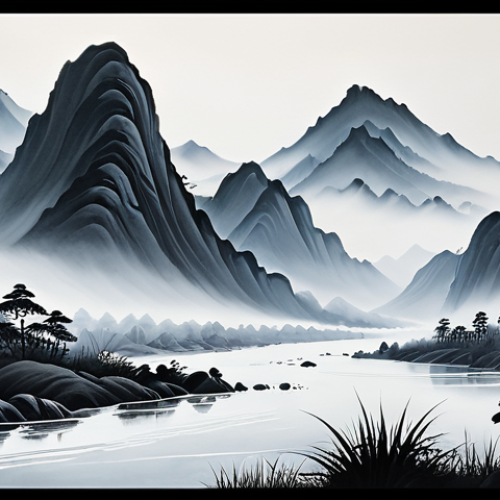 Home 8 A breathtaking Taoist landscape painting, minimalist style, featuring majestic stylized mountains (Shan) shrouded in ethereal mist and gracefully flowing rivers (Shui). The composition emphasizes the dynamic harmony between positive and negative space, with subtle monochromatic ink washes. The "empty" areas are active components, conveying the unseen Qi, inviting contemplation. Traditional East Asian ink brush painting, serene atmosphere, high detail, masterpiece quality, safe for work, appropriate content, no human subjects, modest.