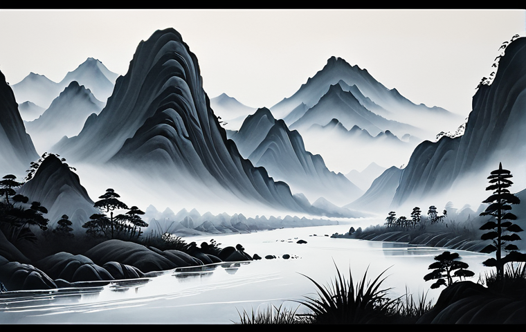 A breathtaking Taoist landscape painting, minimalist style, featuring majestic stylized mountains (Shan) shrouded in ethereal mist and gracefully flowing rivers (Shui). The composition emphasizes the dynamic harmony between positive and negative space, with subtle monochromatic ink washes. The "empty" areas are active components, conveying the unseen Qi, inviting contemplation. Traditional East Asian ink brush painting, serene atmosphere, high detail, masterpiece quality, safe for work, appropriate content, no human subjects, modest.