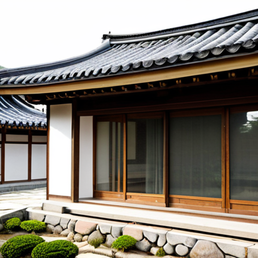 A serene, traditional Korean Hanok house, emphasizing its deep integration with nature. The main focus is a peaceful inner 'madang' courtyard, surrounded by natural wood and stone elements of the house. Elegant, curved 'giwa' roof tiles are visible, and soft sunlight filters through translucent 'hanji' paper windows, creating a warm, inviting glow. The 'madang' is an open, natural earth space, possibly featuring a minimalist arrangement of a single rock or a small, native plant, embodying simplicity and harmonious living. The architectural lines are clean, reflecting a balanced aesthetic. safe for work, appropriate content, fully clothed (applies to any implied or background figures), modest, family-friendly, professional photography, high quality, perfect anatomy, correct proportions.