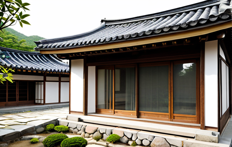 A serene, traditional Korean Hanok house, emphasizing its deep integration with nature. The main focus is a peaceful inner 'madang' courtyard, surrounded by natural wood and stone elements of the house. Elegant, curved 'giwa' roof tiles are visible, and soft sunlight filters through translucent 'hanji' paper windows, creating a warm, inviting glow. The 'madang' is an open, natural earth space, possibly featuring a minimalist arrangement of a single rock or a small, native plant, embodying simplicity and harmonious living. The architectural lines are clean, reflecting a balanced aesthetic. safe for work, appropriate content, fully clothed (applies to any implied or background figures), modest, family-friendly, professional photography, high quality, perfect anatomy, correct proportions.