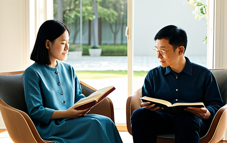**Prompt:** A man and a woman, both in modest, comfortable, and appropriate everyday attire, sharing a tranquil moment in a sunlit, minimalist living room. They are seated in separate armchairs, each engrossed in a book, embodying a peaceful coexistence and effortless harmony, reflecting the principles of Wu Wei and simplicity. The environment is uncluttered and serene, with soft natural light. fully clothed, safe for work, appropriate content, family-friendly, perfect anatomy, correct proportions, natural pose, well-formed hands, proper finger count.