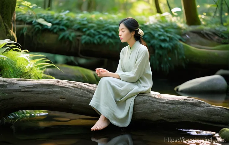 도교의 문학 - **Prompt:** "A serene, contemplative young woman, perhaps in her late 20s or early 30s, embodying th...