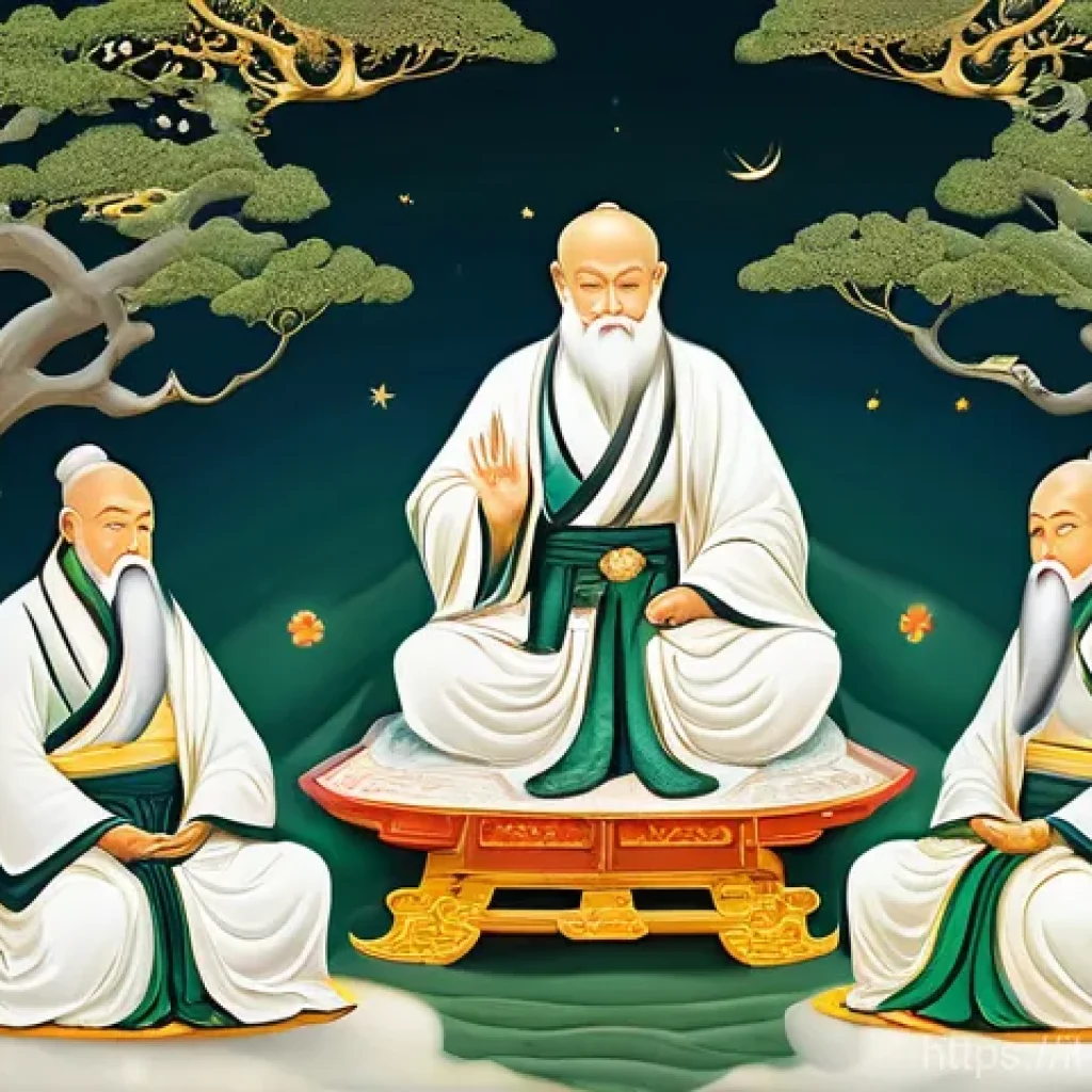 도교 신들의 목록 - **The Three Pure Ones in Celestial Harmony**
An ethereal, high-definition, wide-shot illustratio...