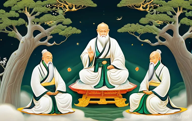 도교 신들의 목록 - **The Three Pure Ones in Celestial Harmony**
An ethereal, high-definition, wide-shot illustratio...