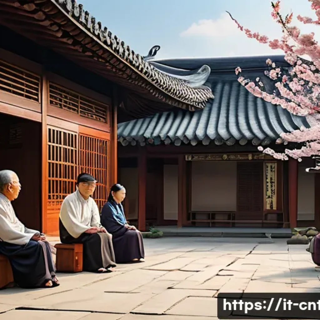 유교와 불교 차이점 - A serene traditional East Asian family gathering scene inspired by Confucian values, featuring multi...