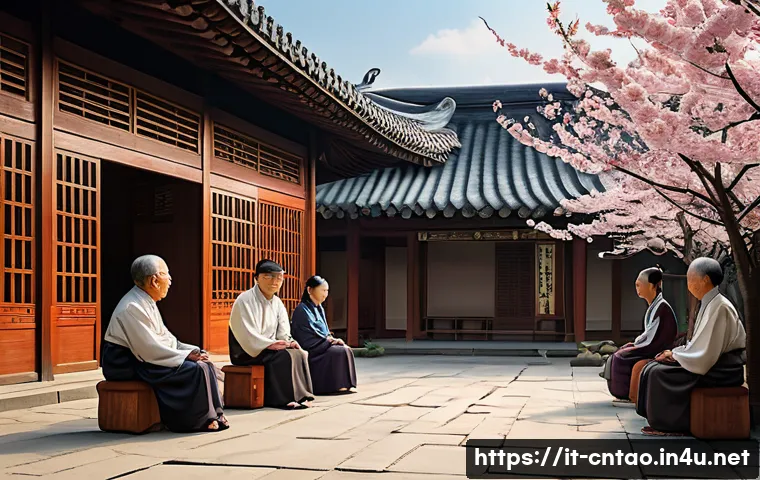유교와 불교 차이점 - A serene traditional East Asian family gathering scene inspired by Confucian values, featuring multi...
