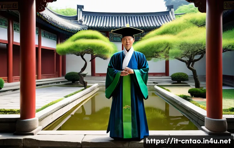 유교 전통 의복 - A dignified Confucian scholar dressed in traditional long robes made of blue and green silk and cott...