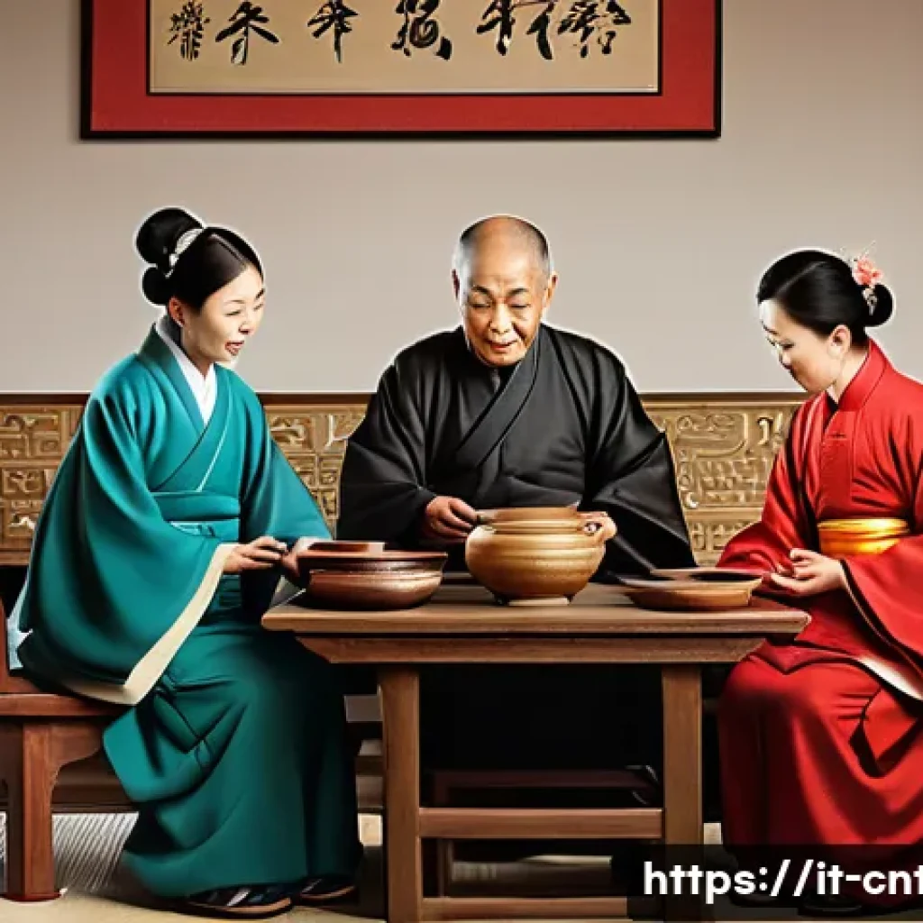유교 문화의 특징 - A traditional East Asian family scene set in a warm, harmonious home interior, showcasing multiple g...
