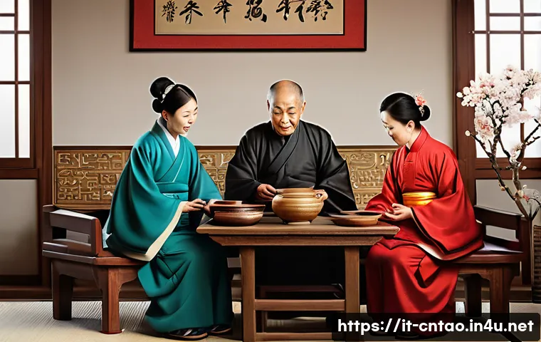 유교 문화의 특징 - A traditional East Asian family scene set in a warm, harmonious home interior, showcasing multiple g...