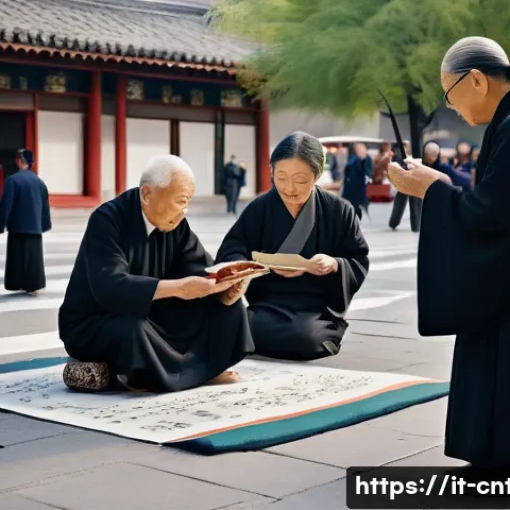 유교와 국가 윤리 - A serene and harmonious Asian community scene set in a modern Italian city square, featuring diverse...