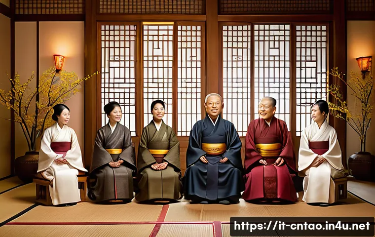 유교와 천명 사상 - A serene traditional East Asian family scene set in a warm, softly lit room, featuring multiple gene...