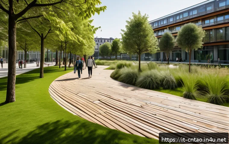 도교와 환경 운동 - A serene urban park in Milan designed with Taoist principles, featuring fluid, natural shapes inspir...