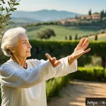 도교의 불로장생 개념 - A serene elderly Italian woman practicing Tai Chi in a sunlit Tuscan garden during early morning, we...
