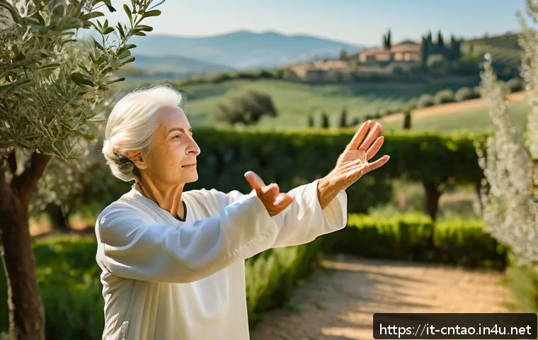 도교의 불로장생 개념 - A serene elderly Italian woman practicing Tai Chi in a sunlit Tuscan garden during early morning, we...