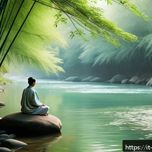 장자 철학의 응용 - A serene natural landscape inspired by Eastern philosophy, featuring a gently flowing river winding ...