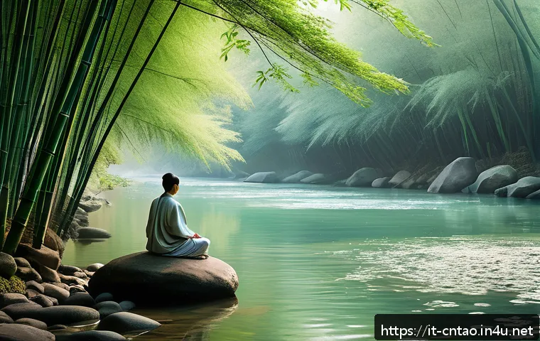 장자 철학의 응용 - A serene natural landscape inspired by Eastern philosophy, featuring a gently flowing river winding ...