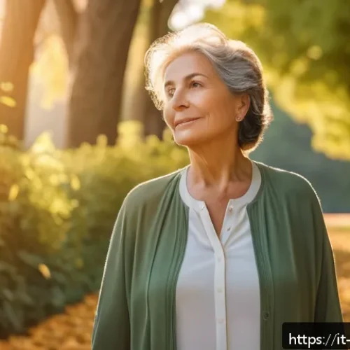 도교와 철학적 사유 - A serene outdoor scene capturing a middle-aged Italian woman practicing mindful walking in a lush gr...