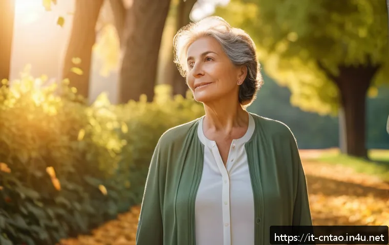 도교와 철학적 사유 - A serene outdoor scene capturing a middle-aged Italian woman practicing mindful walking in a lush gr...