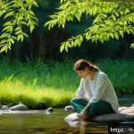 도교 의식과 제사 - A serene outdoor scene depicting a person practicing silent contemplation by a gentle stream in the ...