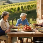 유교 경전 종류 - A serene Italian family scene in a warm, traditional Tuscan home, depicting three generations&mdash;grandp...