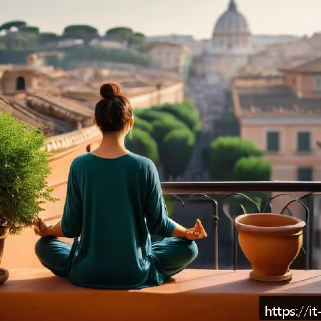 노자 철학의 응용 - A serene urban scene in Rome during early morning, featuring a middle-aged Italian woman practicing ...