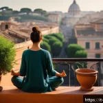 노자 철학의 응용 - A serene urban scene in Rome during early morning, featuring a middle-aged Italian woman practicing ...