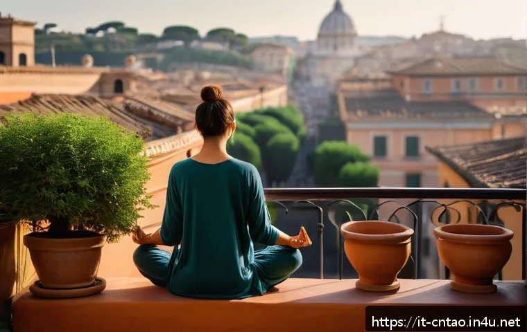 노자 철학의 응용 - A serene urban scene in Rome during early morning, featuring a middle-aged Italian woman practicing ...