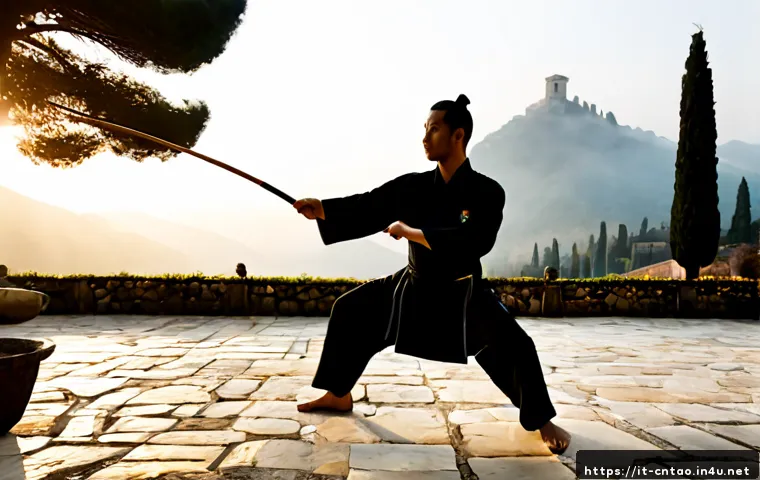 Home 17 도교의 무술 - Photorealistic early morning scene of an adult martial artist practicing Taoist-inspired flowing sta...